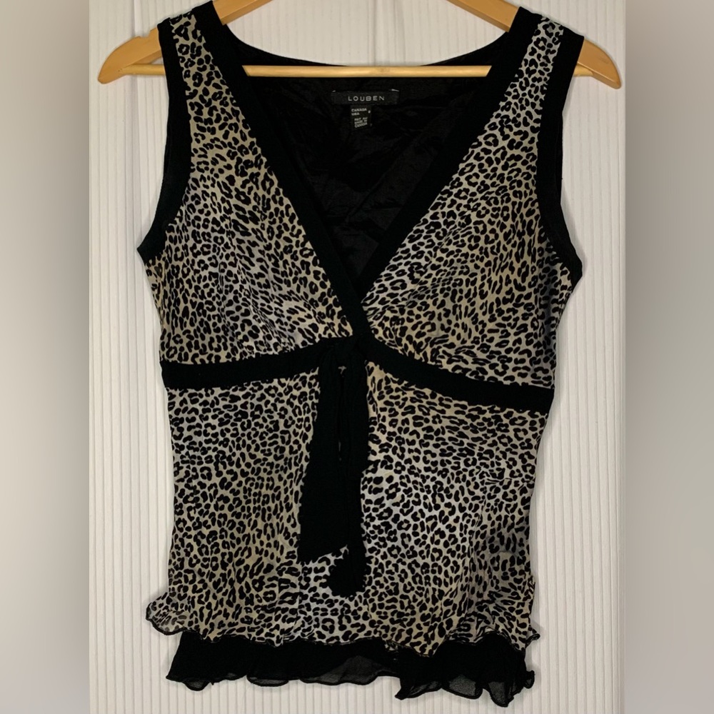 Louben - Black And Leopard Print Sleeveless Blouse With Bow And Ruffle Detail